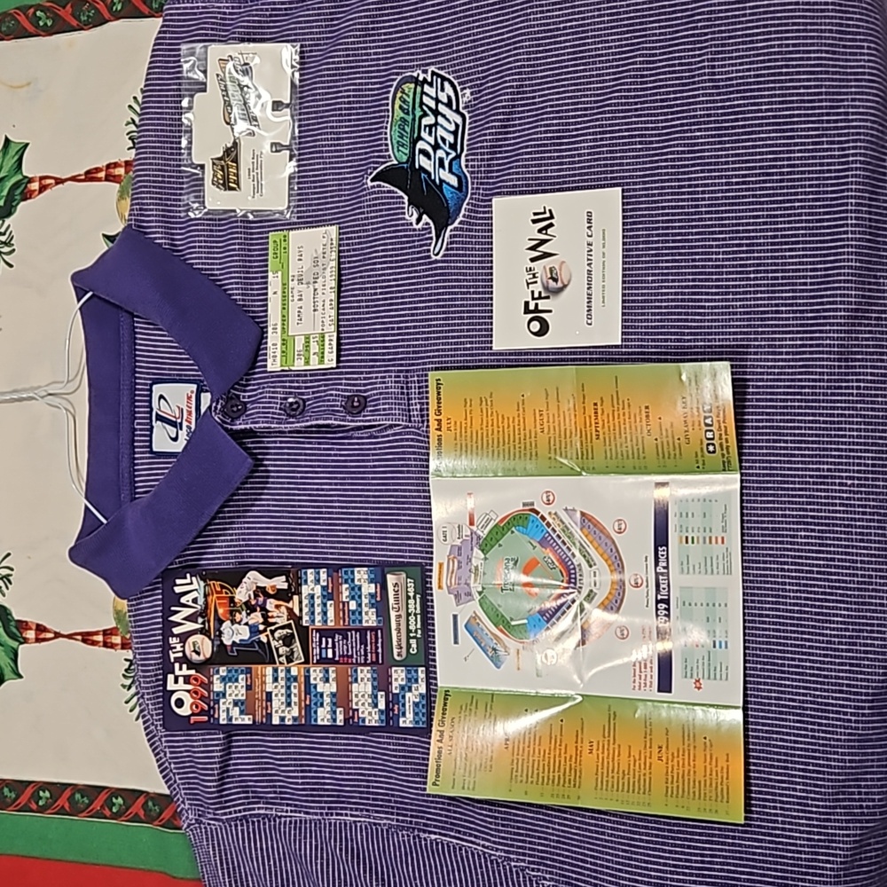 1999 Tampa Bay Devil Rays Original Logo Memorabilia Purple Polo Shirt, Pin, Stub